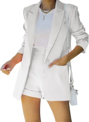 Women's 2 Piece Open Front Long Sleeve Blazer and Solid Short Pants Suit Sets