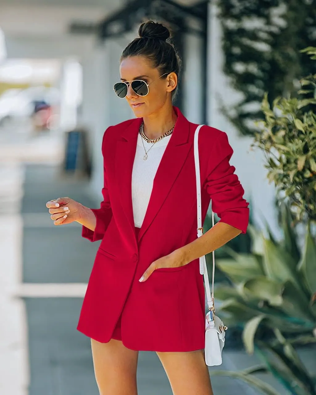 Women's 2 Piece Open Front Long Sleeve Blazer and Solid Short Pants Suit Sets
