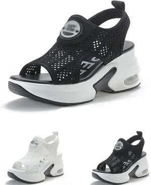 Women's Air Cushion Sneakers Hiking Outdoor Sandals Breathable Mesh Lightweight Comfortable Roman Fish Mouth Walking Shoes Anti-Slip Height Increasing Beach Sandals