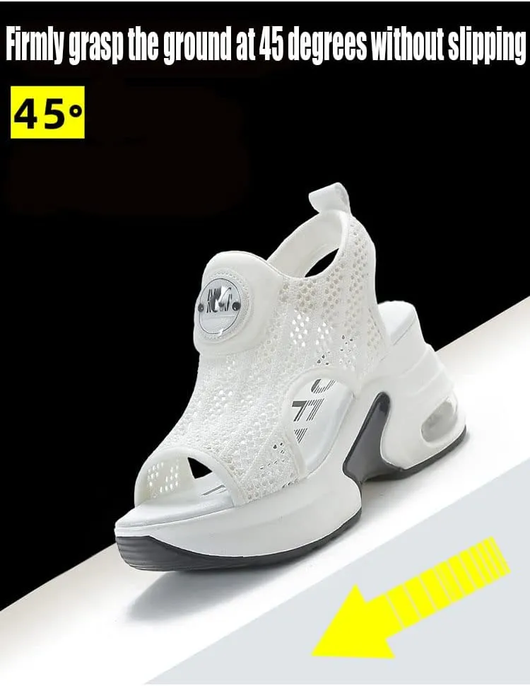 Women's Air Cushion Sneakers Hiking Outdoor Sandals Breathable Mesh Lightweight Comfortable Roman Fish Mouth Walking Shoes Anti-Slip Height Increasing Beach Sandals