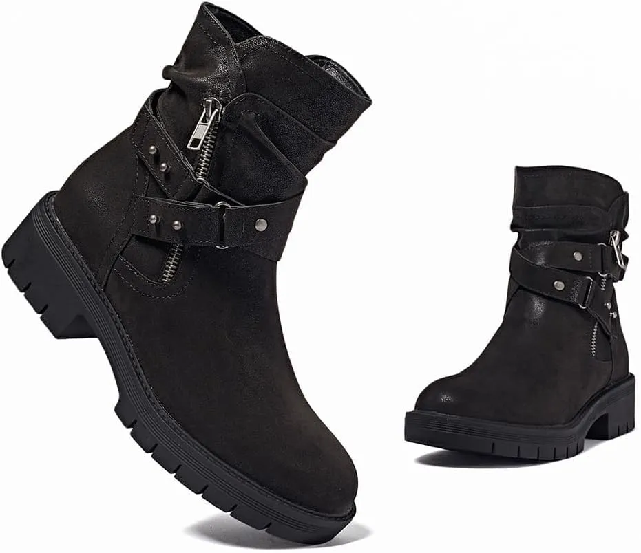 Women's Ankle Boots Combat Boots, Casual Comfortable Low Heel Side Zipper Booties for Women.