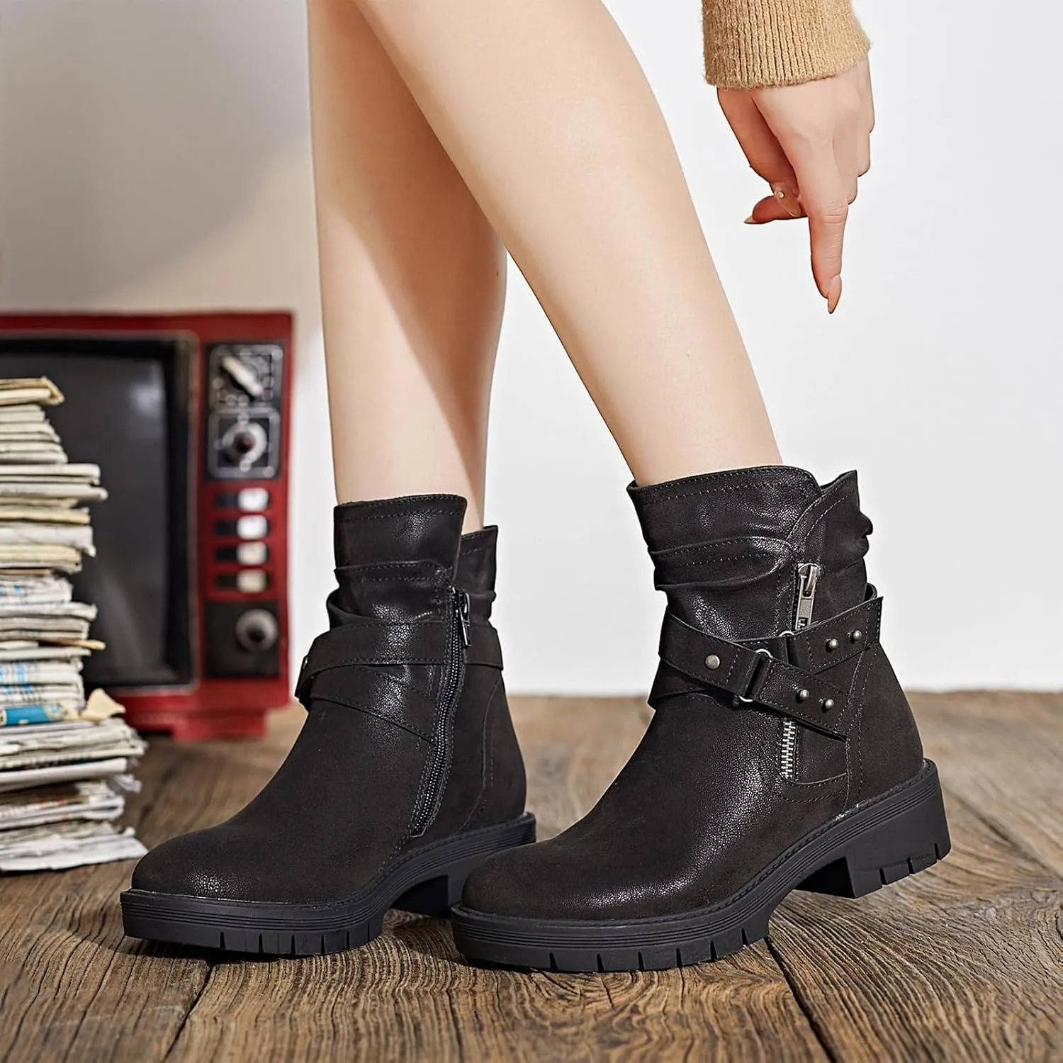 Women's Ankle Boots Combat Boots, Casual Comfortable Low Heel Side Zipper Booties for Women.