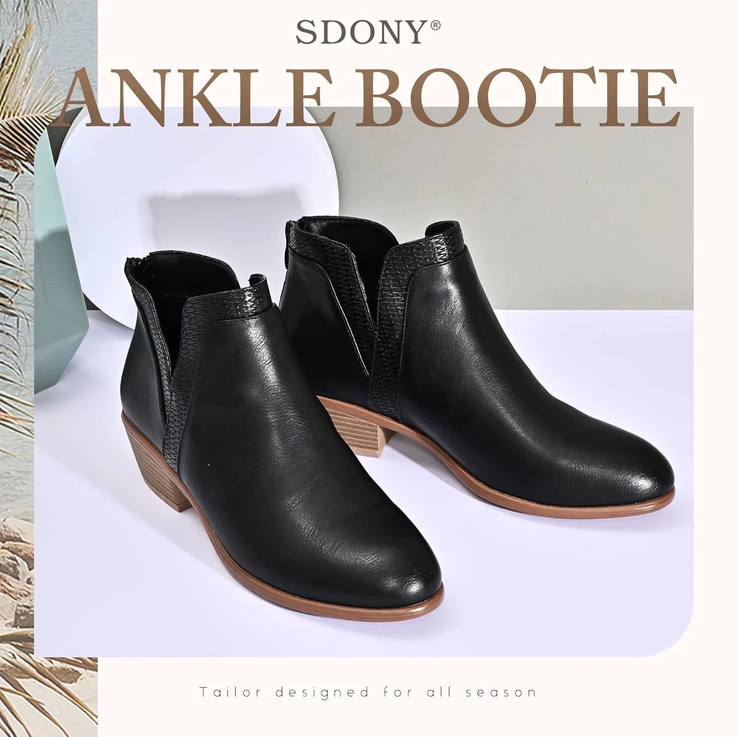 Women's Ankle Boots Low Heels Chunky Fashion Zipper Dressy Booties for Women
