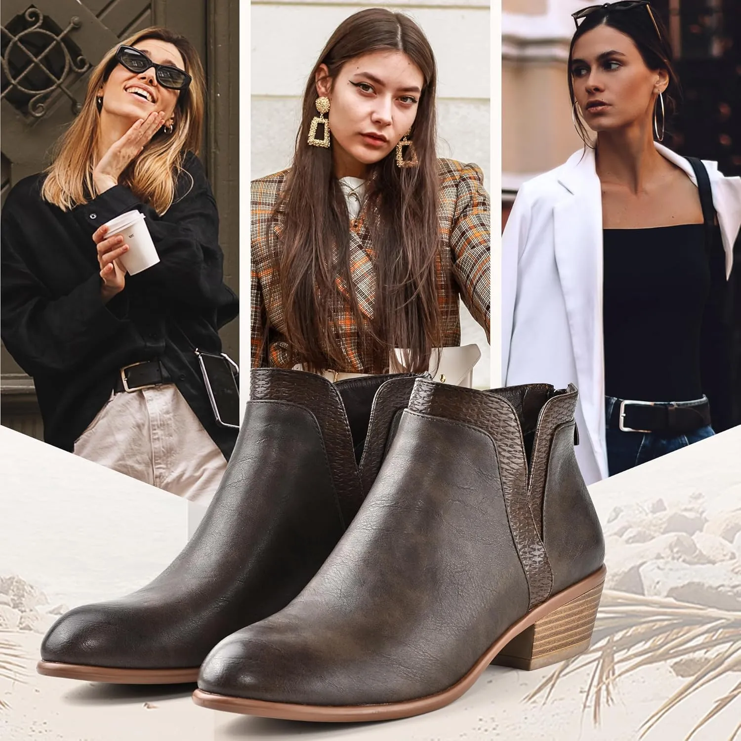 Women's Ankle Boots Low Heels Chunky Fashion Zipper Dressy Booties for Women