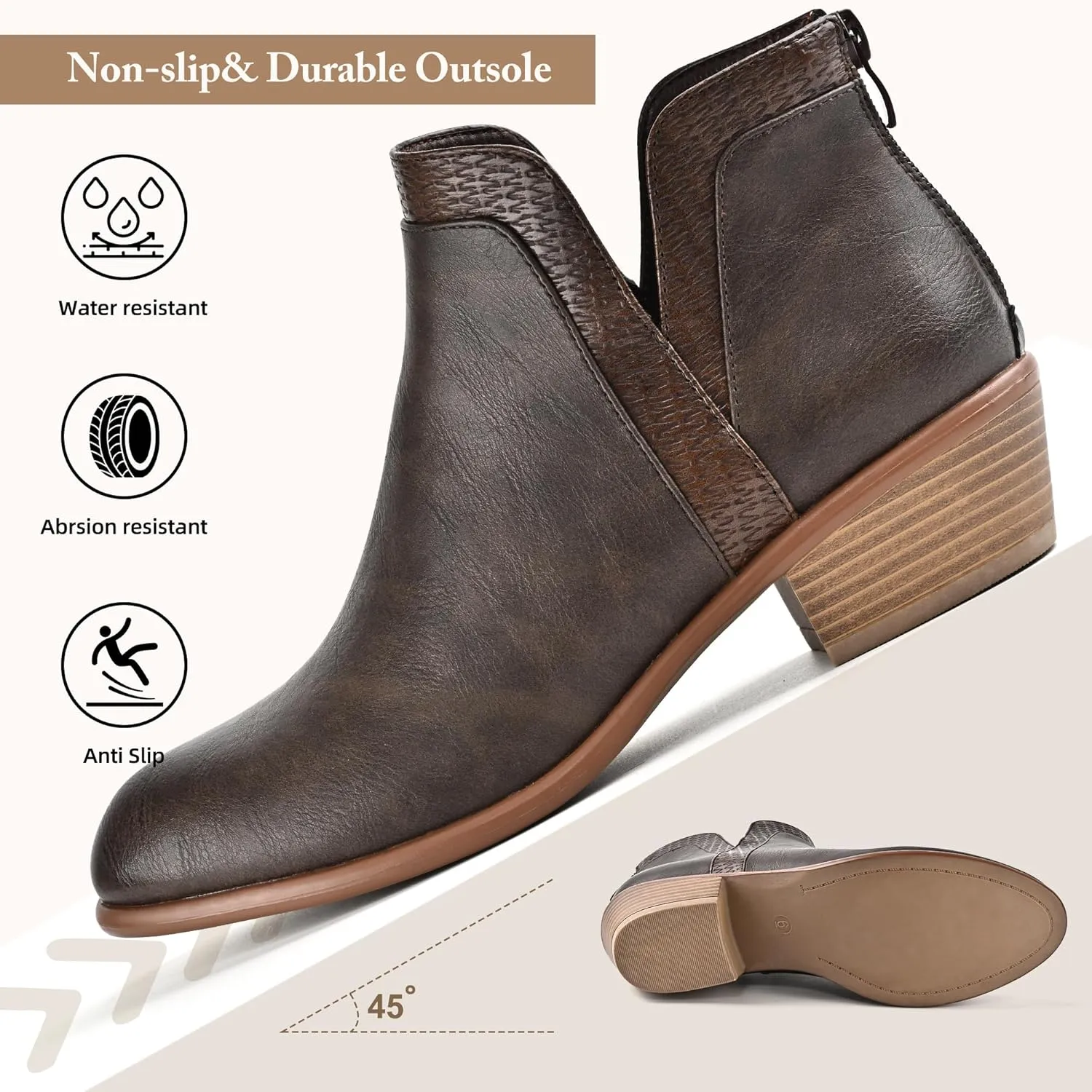 Women's Ankle Boots Low Heels Chunky Fashion Zipper Dressy Booties for Women