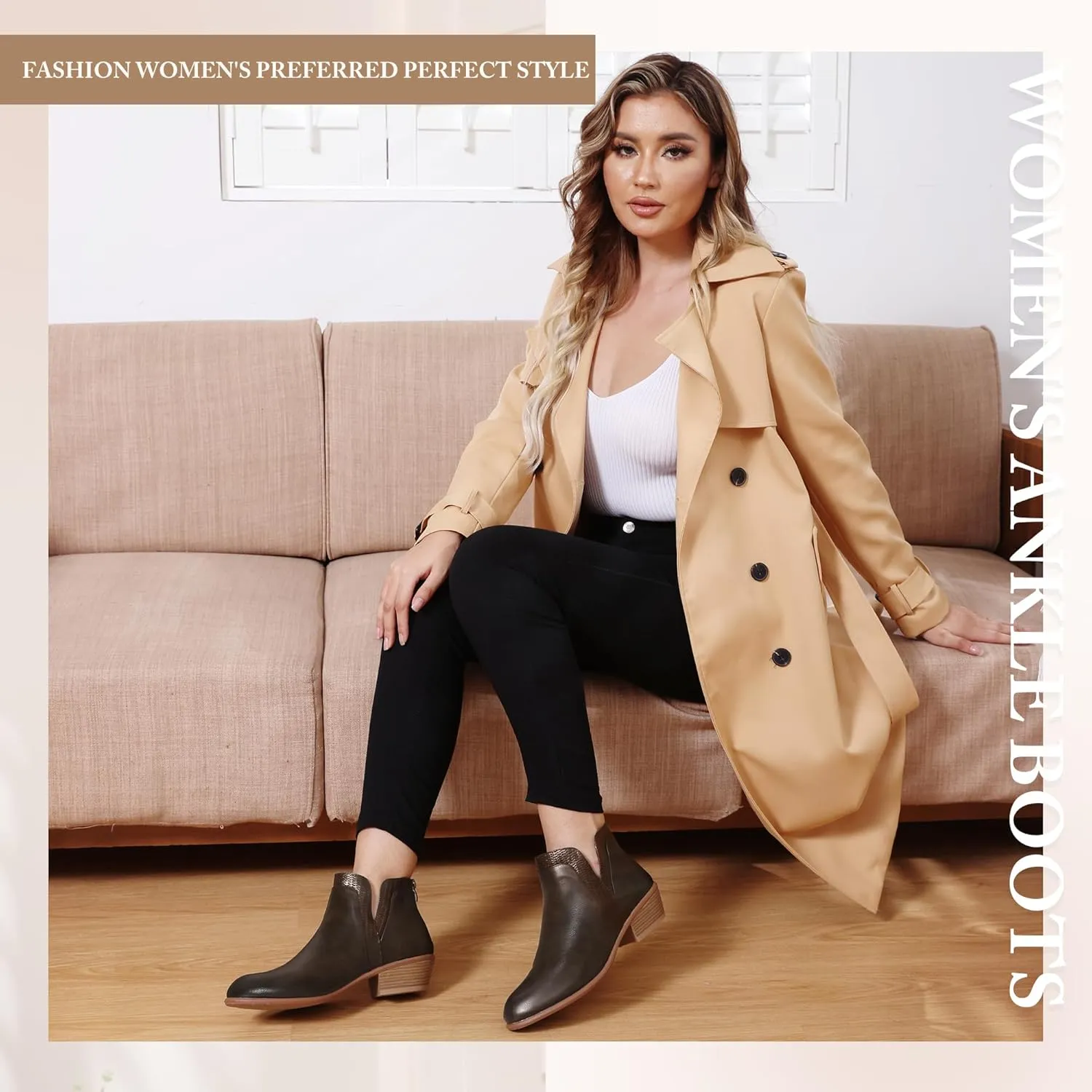 Women's Ankle Boots Low Heels Chunky Fashion Zipper Dressy Booties for Women