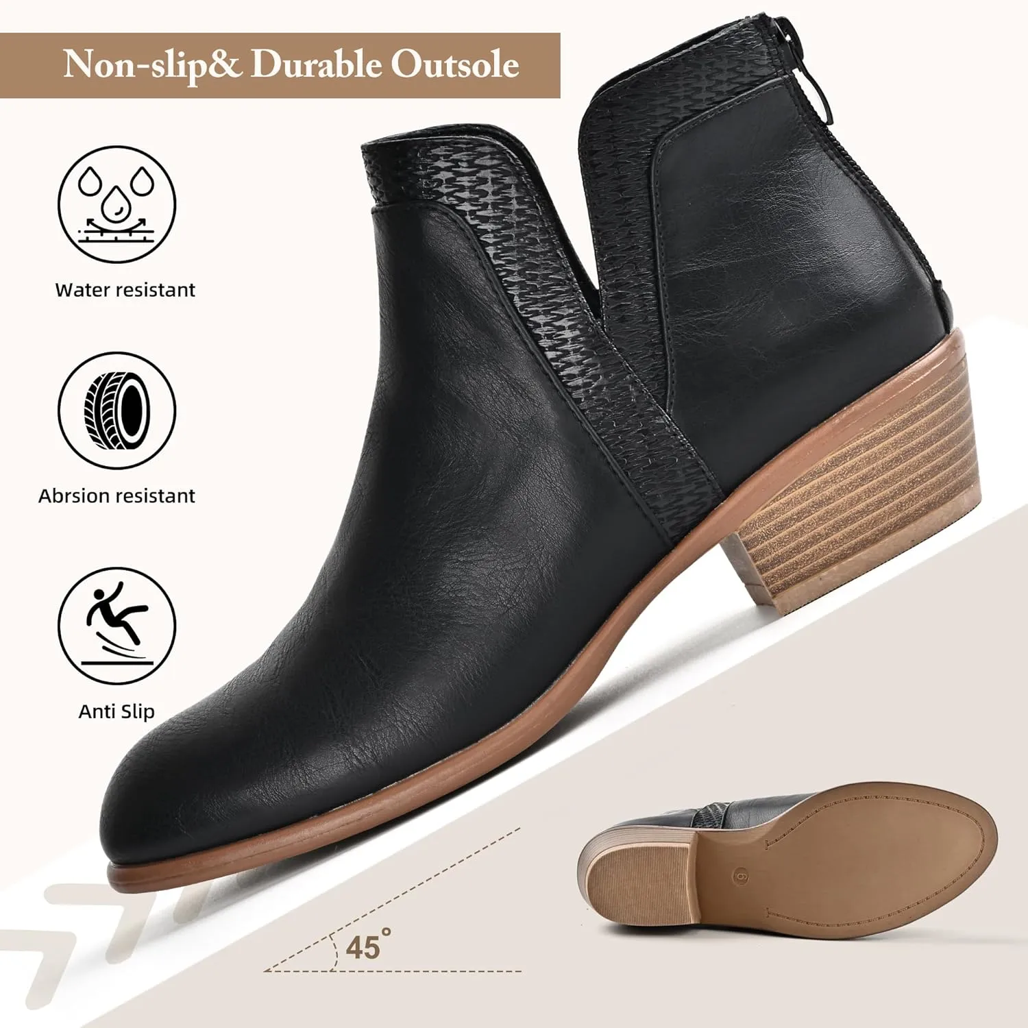 Women's Ankle Boots Low Heels Chunky Fashion Zipper Dressy Booties for Women