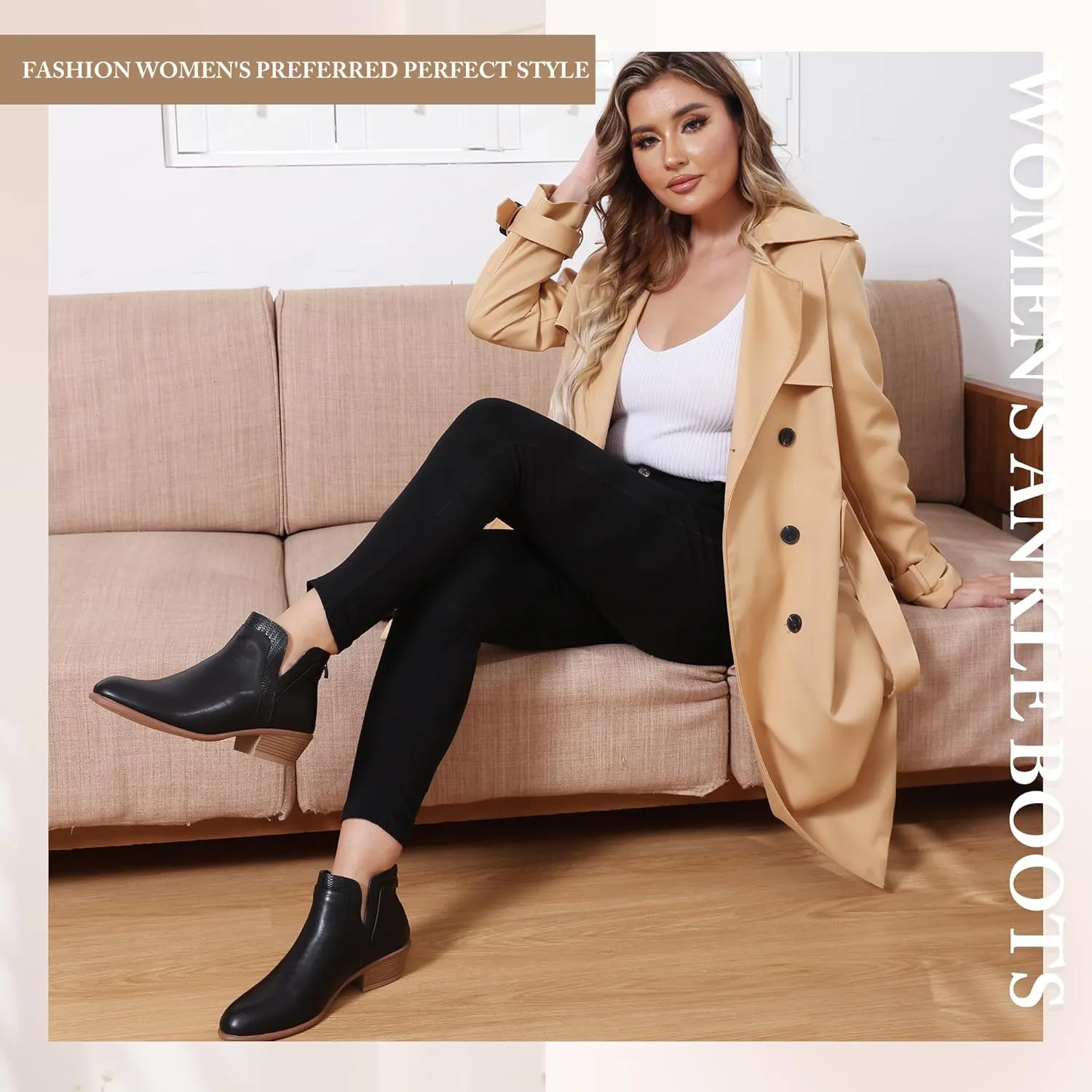 Women's Ankle Boots Low Heels Chunky Fashion Zipper Dressy Booties for Women