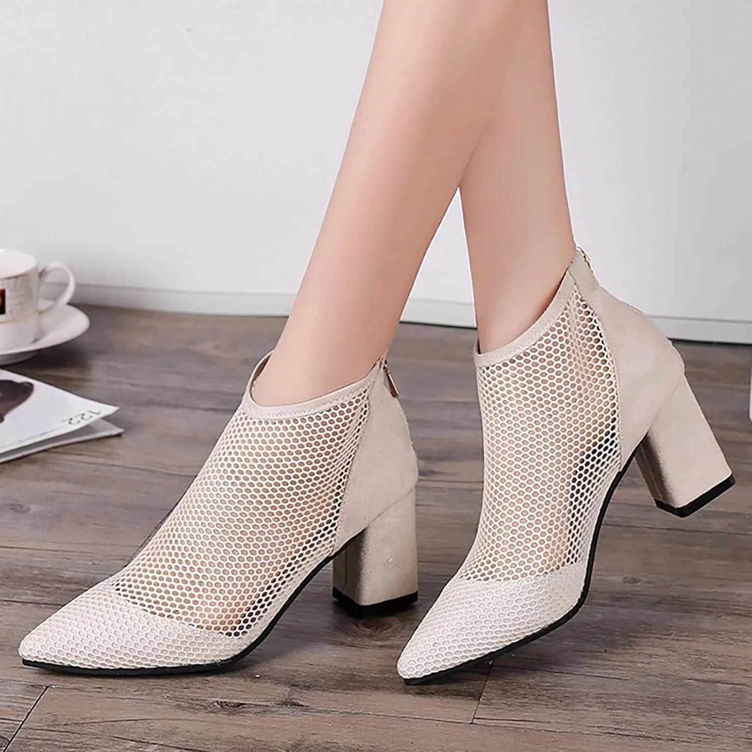 Women's Black Ankle Boot, Pointed Toe, Stiletto Heel, Rhinestone Embellished, Size 37, Mesh, All Seasons, Ankle-High Bootie