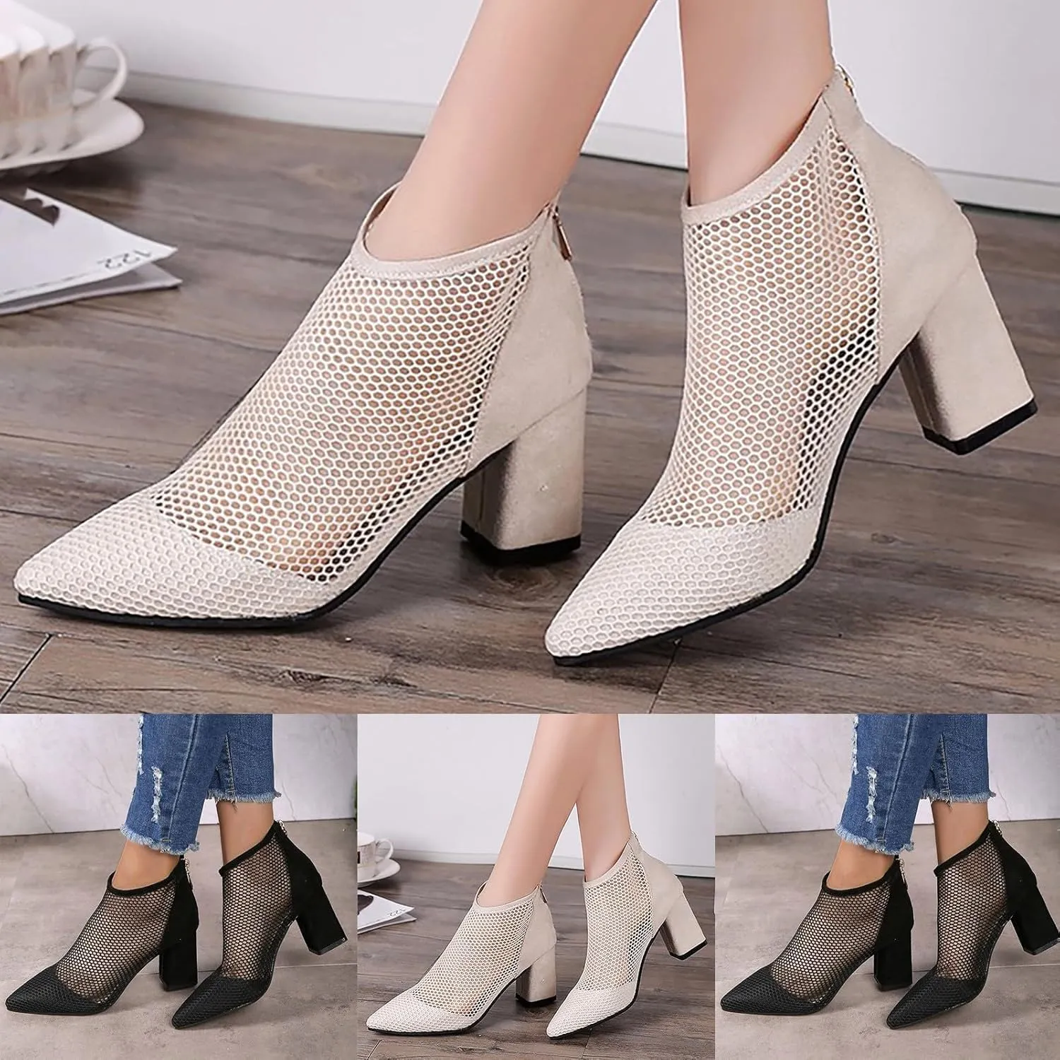 Women's Black Ankle Boot, Pointed Toe, Stiletto Heel, Rhinestone Embellished, Size 37, Mesh, All Seasons, Ankle-High Bootie