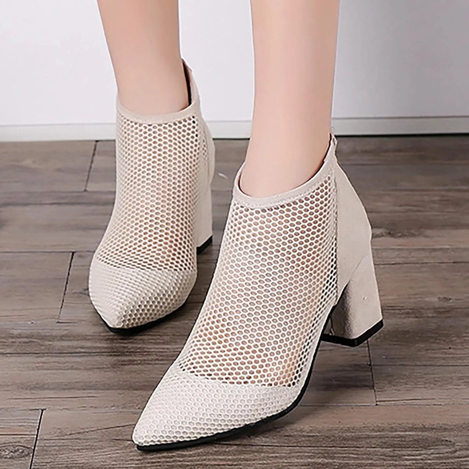 Women's Black Ankle Boot, Pointed Toe, Stiletto Heel, Rhinestone Embellished, Size 37, Mesh, All Seasons, Ankle-High Bootie