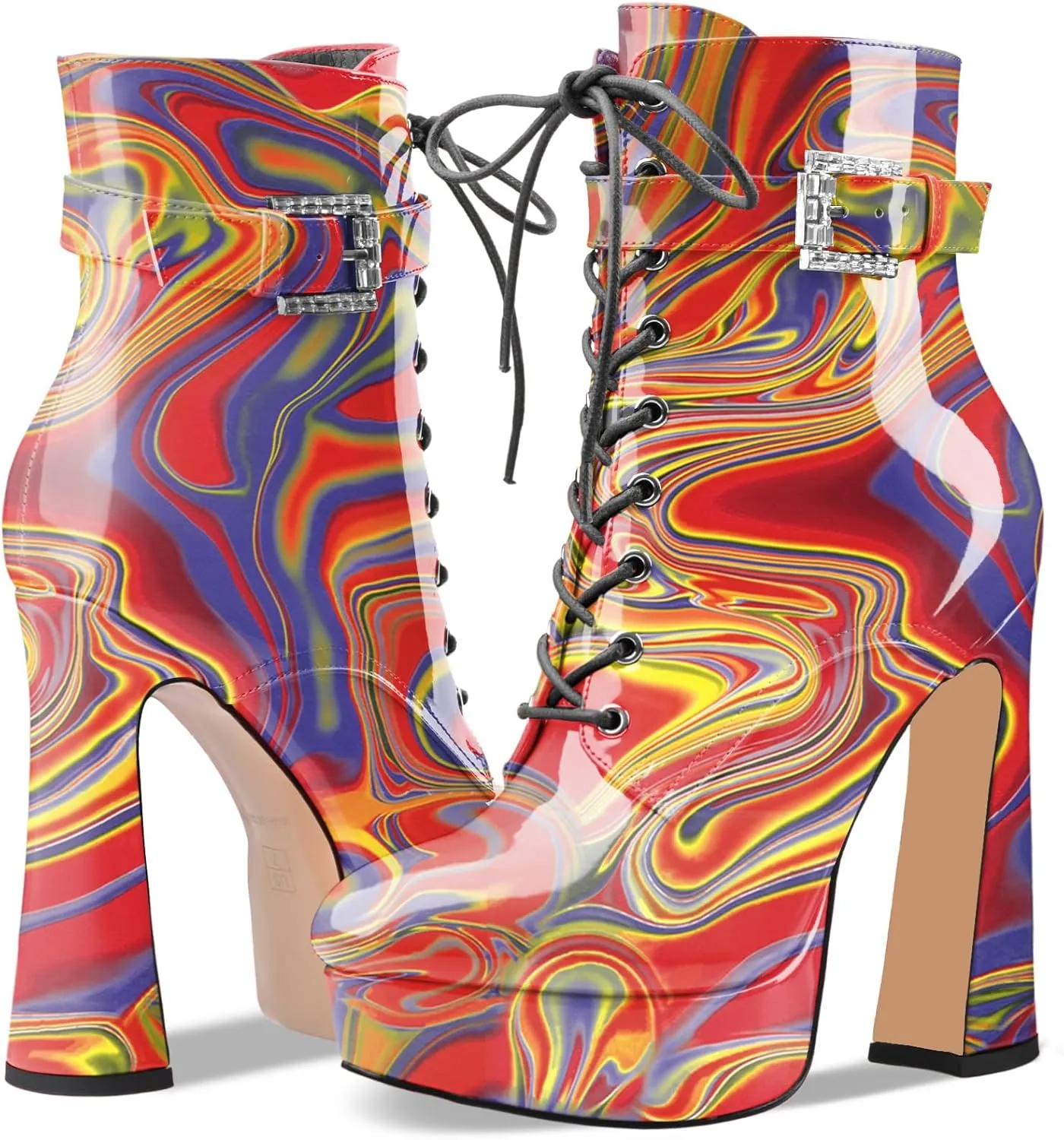 Women's Black Ankle Boots Platform Lace-Up Short Boot Chunky High Heel Closed Round Toe Booties Shoes with Side Zipper and Strap Buckle for Ladies Sexy Cute
