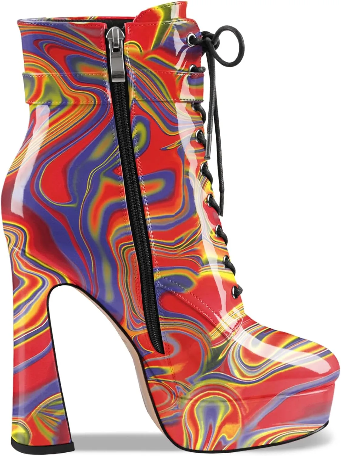 Women's Black Ankle Boots Platform Lace-Up Short Boot Chunky High Heel Closed Round Toe Booties Shoes with Side Zipper and Strap Buckle for Ladies Sexy Cute