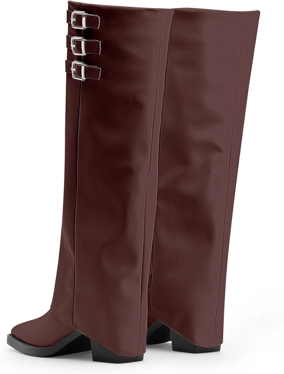 Women's Block High Heel Square Toe Buckle Strap Fold Over Knee High Boots