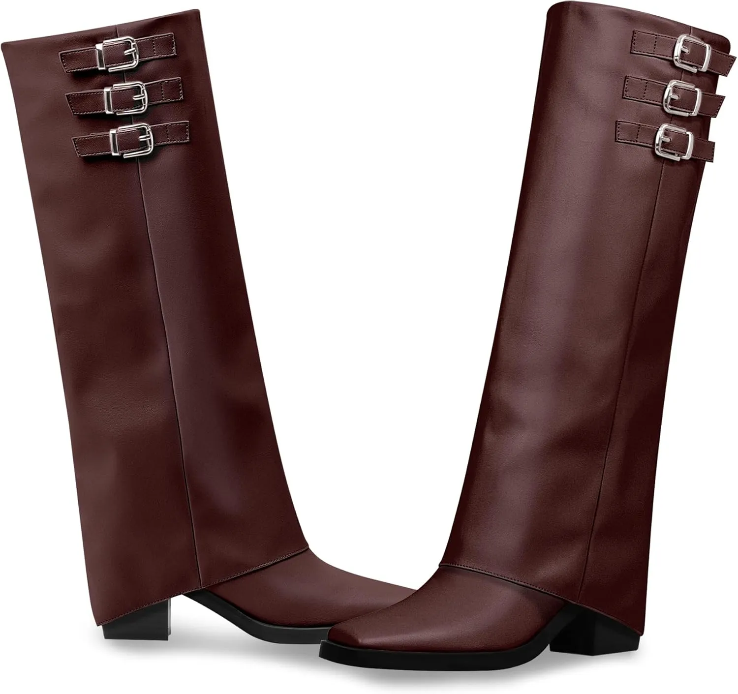 Women's Block High Heel Square Toe Buckle Strap Fold Over Knee High Boots