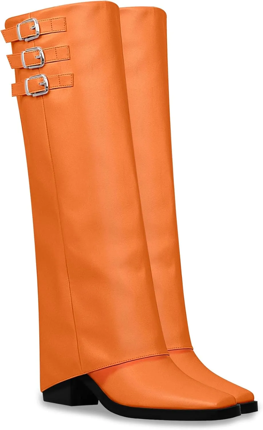 Women's Block High Heel Square Toe Buckle Strap Fold Over Knee High Boots
