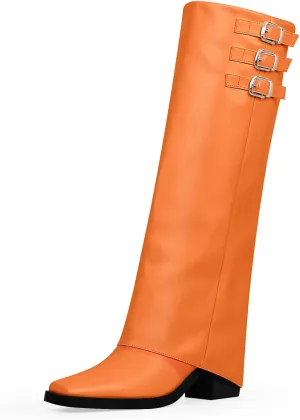 Women's Block High Heel Square Toe Buckle Strap Fold Over Knee High Boots