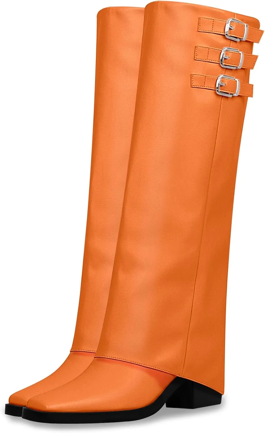 Women's Block High Heel Square Toe Buckle Strap Fold Over Knee High Boots