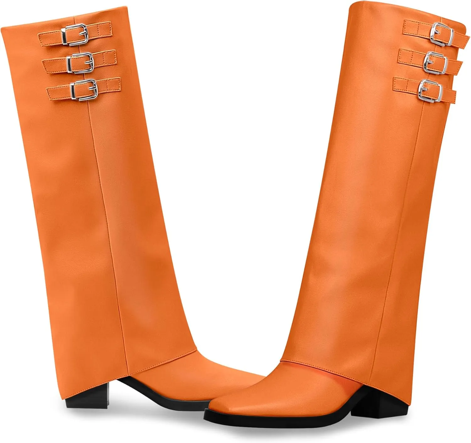 Women's Block High Heel Square Toe Buckle Strap Fold Over Knee High Boots