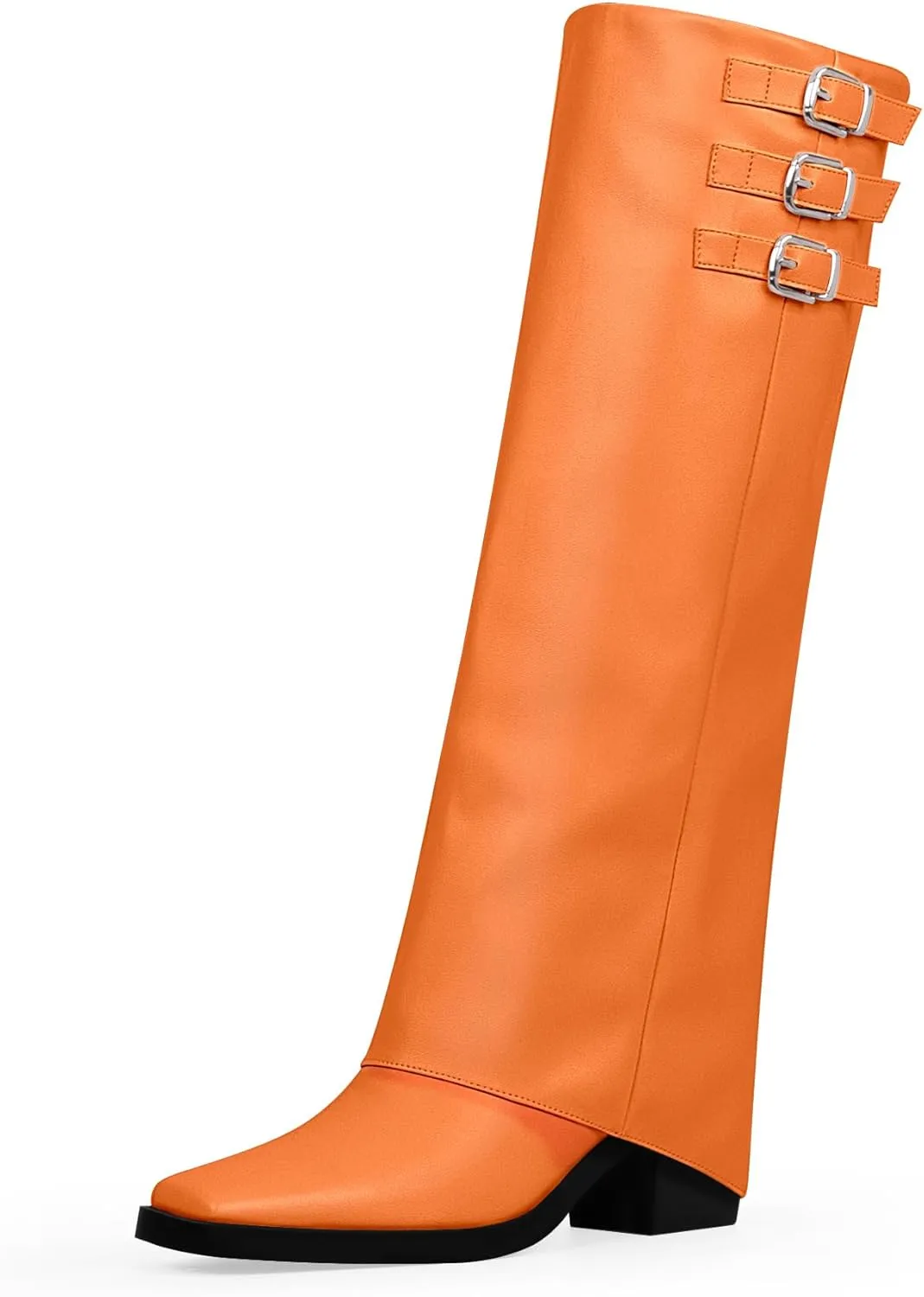 Women's Block High Heel Square Toe Buckle Strap Fold Over Knee High Boots