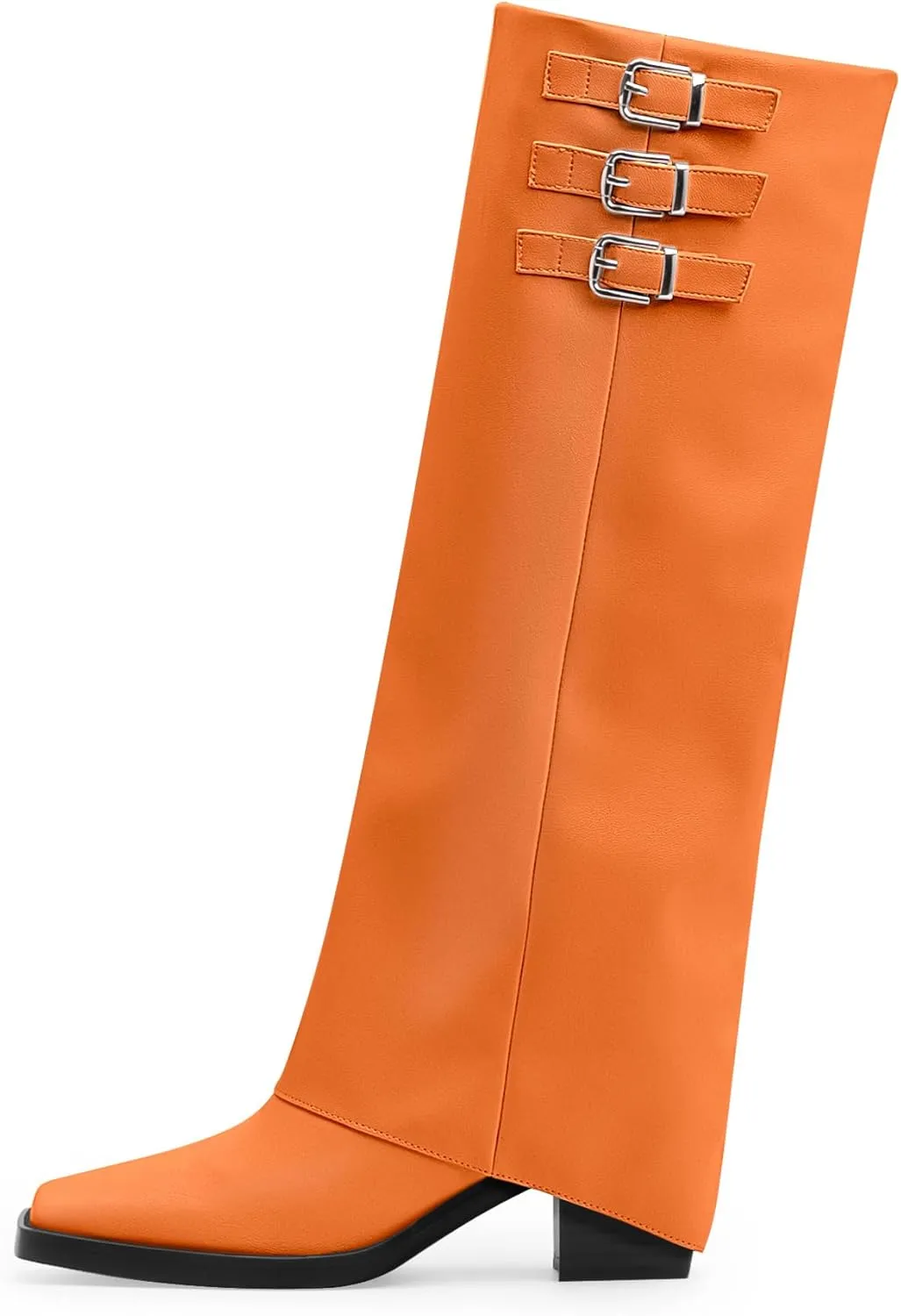 Women's Block High Heel Square Toe Buckle Strap Fold Over Knee High Boots