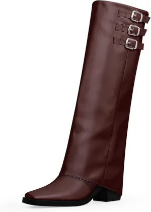 Women's Block High Heel Square Toe Buckle Strap Fold Over Knee High Boots