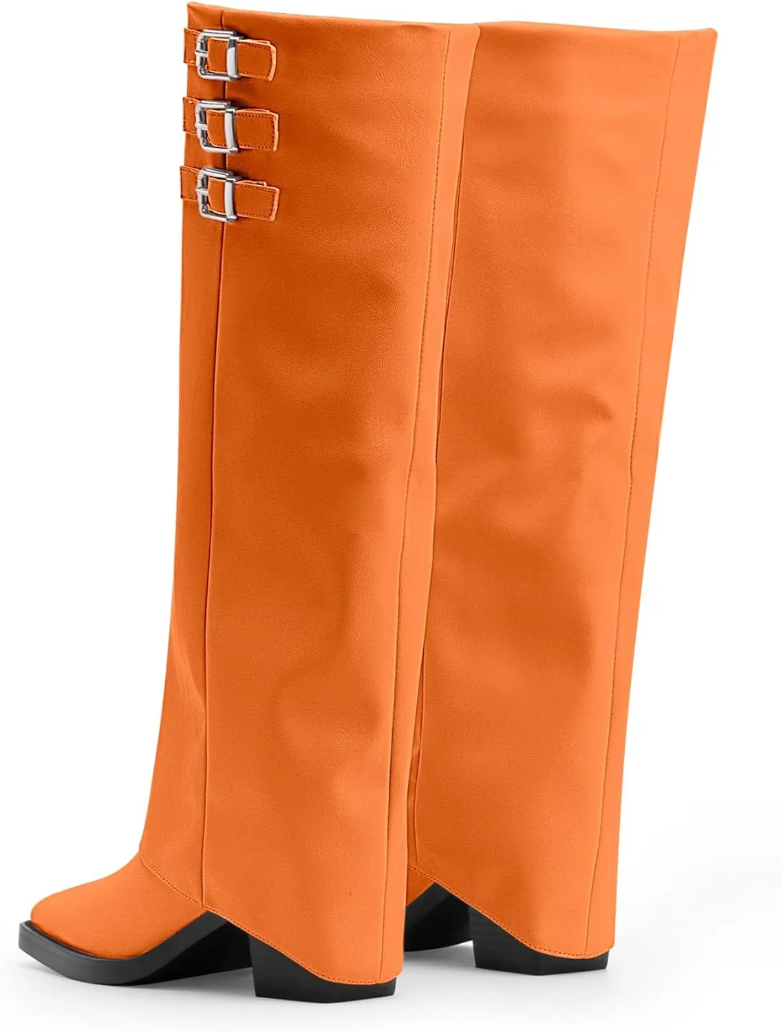 Women's Block High Heel Square Toe Buckle Strap Fold Over Knee High Boots