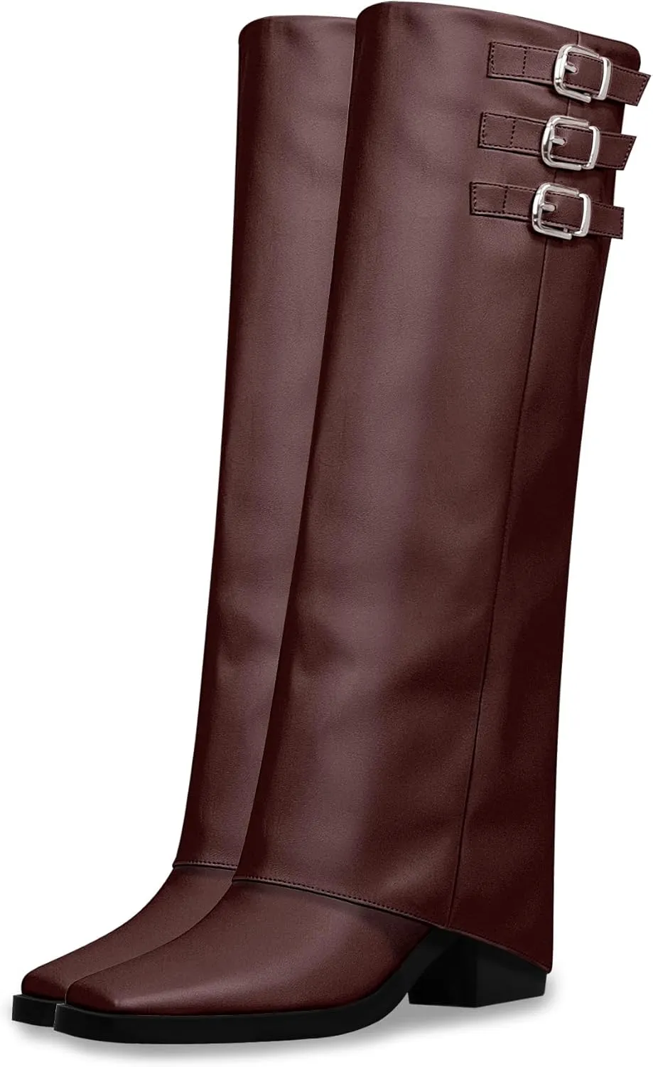 Women's Block High Heel Square Toe Buckle Strap Fold Over Knee High Boots