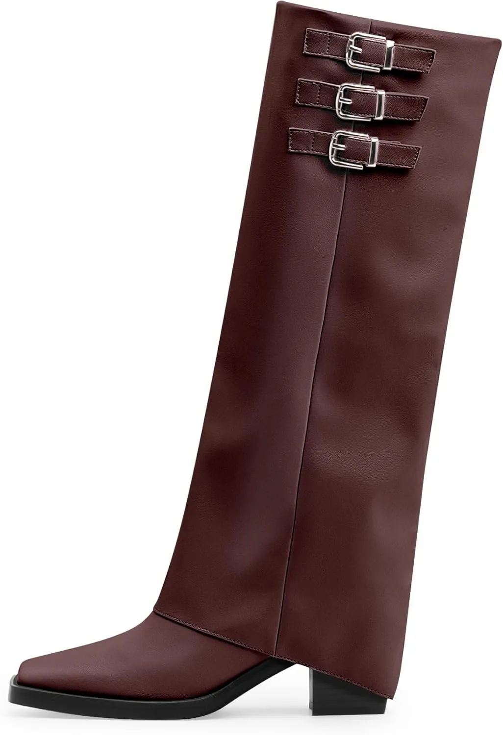 Women's Block High Heel Square Toe Buckle Strap Fold Over Knee High Boots