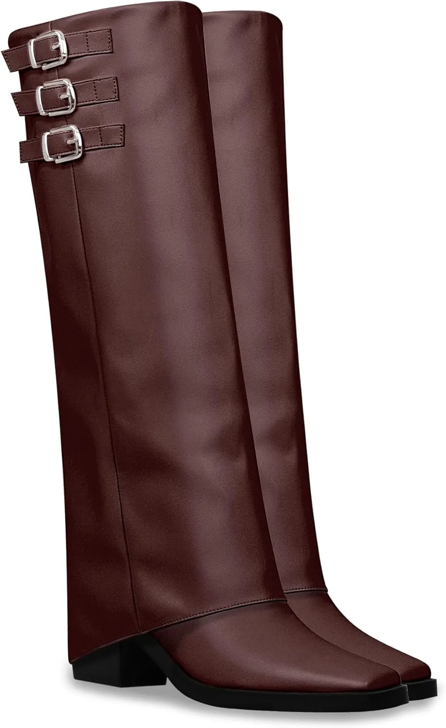 Women's Block High Heel Square Toe Buckle Strap Fold Over Knee High Boots