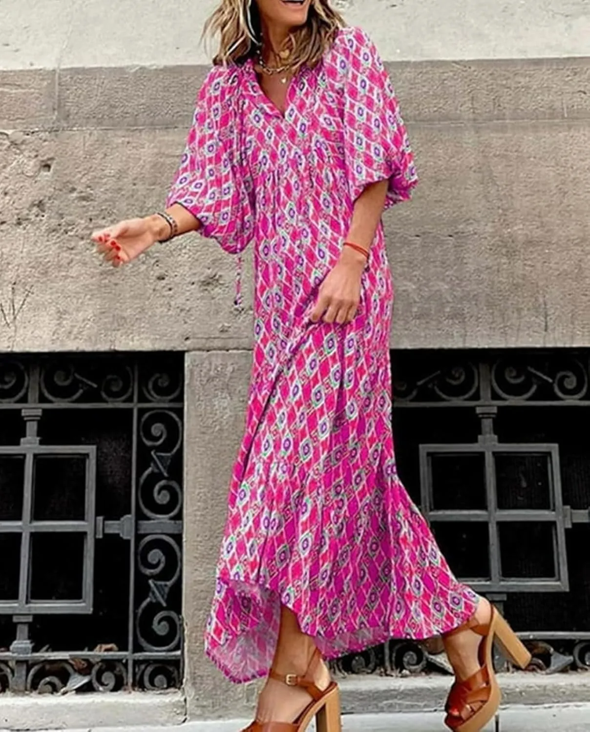 Womens Boho Maxi Dress 3/4 Puff Sleeve Block Print Long Flowy Dresses Casual Loose Fitting Modest Vacation Dresses