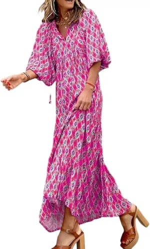Womens Boho Maxi Dress 3/4 Puff Sleeve Block Print Long Flowy Dresses Casual Loose Fitting Modest Vacation Dresses