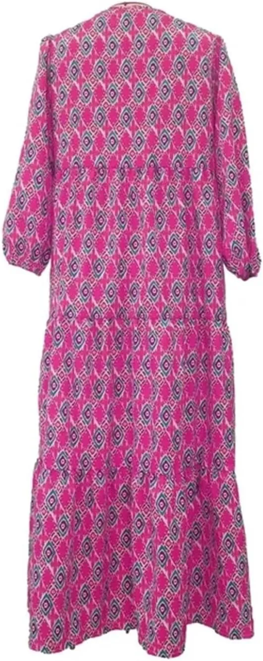 Womens Boho Maxi Dress 3/4 Puff Sleeve Block Print Long Flowy Dresses Casual Loose Fitting Modest Vacation Dresses