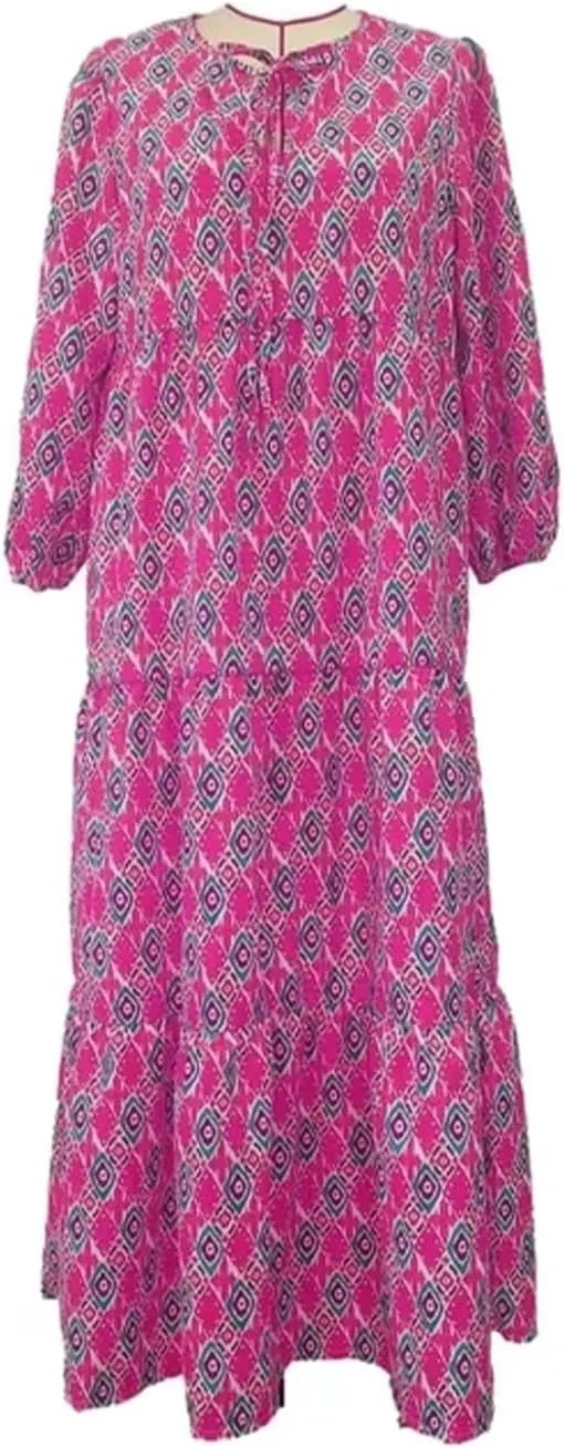 Womens Boho Maxi Dress 3/4 Puff Sleeve Block Print Long Flowy Dresses Casual Loose Fitting Modest Vacation Dresses
