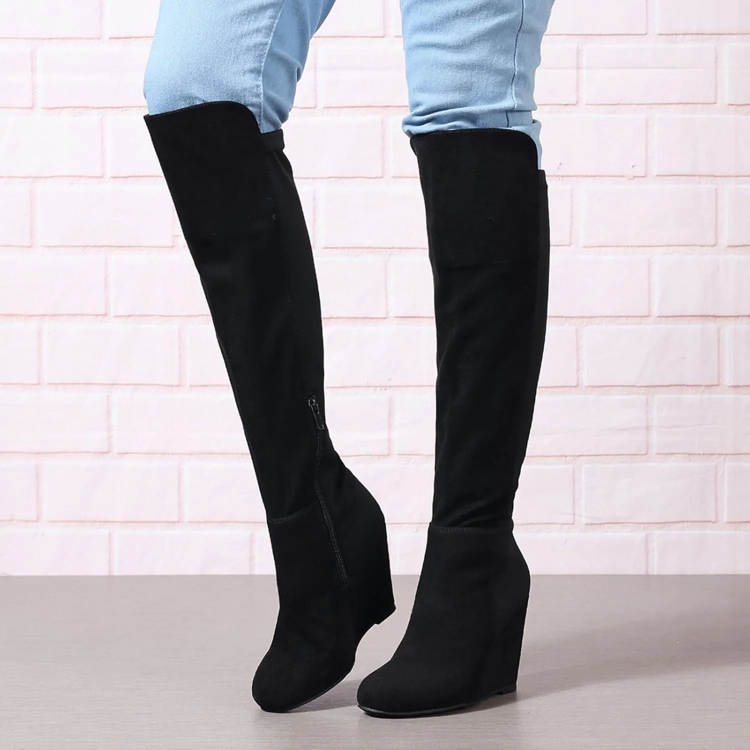 Womens Boots Knee High Wide Calf Stretchy Tall Boots Wedge Heel Comfortable Round Toe Fashion Dressy Boot, US Size 6-11