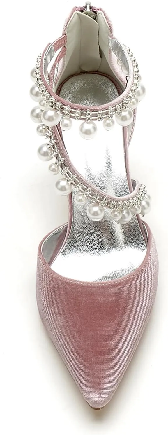 Womens Bridal Shoes Pointed Toe Wedding Shoes High Heel Beaded Pumps Heeled Ankle Buckle Court Sandals Evening Party Dress Stiletto