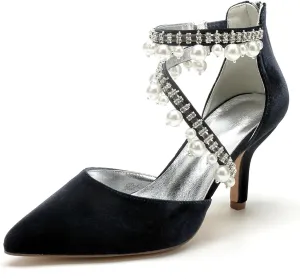 Womens Bridal Shoes Pointed Toe Wedding Shoes High Heel Beaded Pumps Heeled Ankle Buckle Court Sandals Evening Party Dress Stiletto