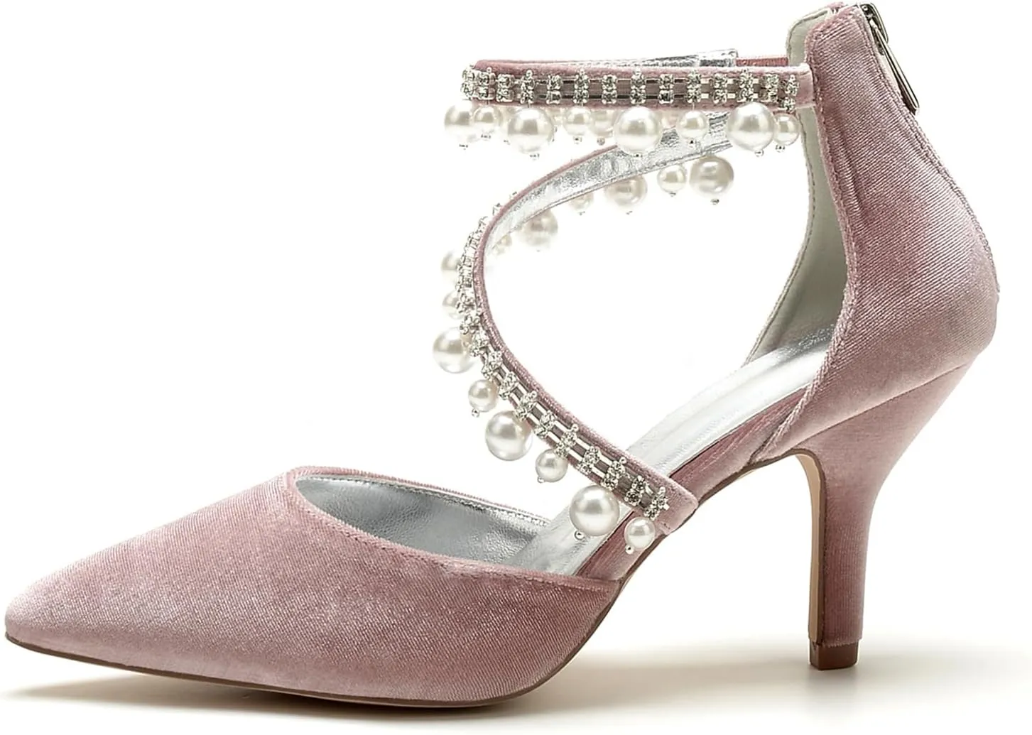 Womens Bridal Shoes Pointed Toe Wedding Shoes High Heel Beaded Pumps Heeled Ankle Buckle Court Sandals Evening Party Dress Stiletto