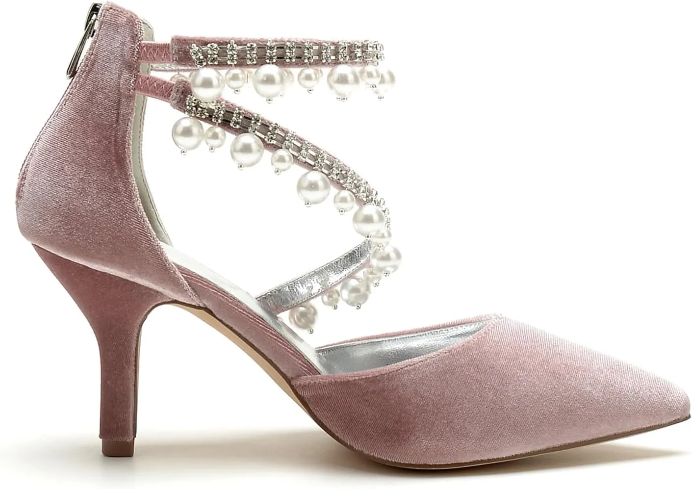 Womens Bridal Shoes Pointed Toe Wedding Shoes High Heel Beaded Pumps Heeled Ankle Buckle Court Sandals Evening Party Dress Stiletto