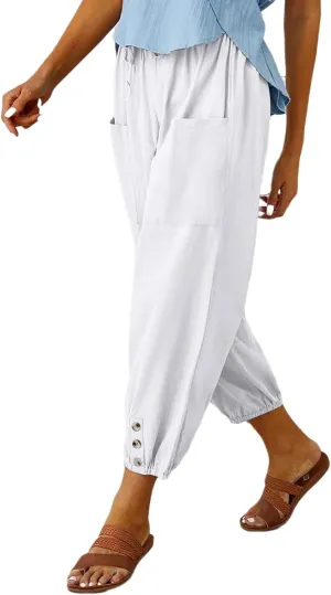 Women's Casual Lantern Tapered Harem Pants Loose Fit Style Flax Ankle Trousers Summer Baggy Slacks with Pocket