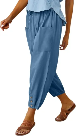 Women's Casual Lantern Tapered Harem Pants Loose Fit Style Flax Ankle Trousers Summer Baggy Slacks with Pocket