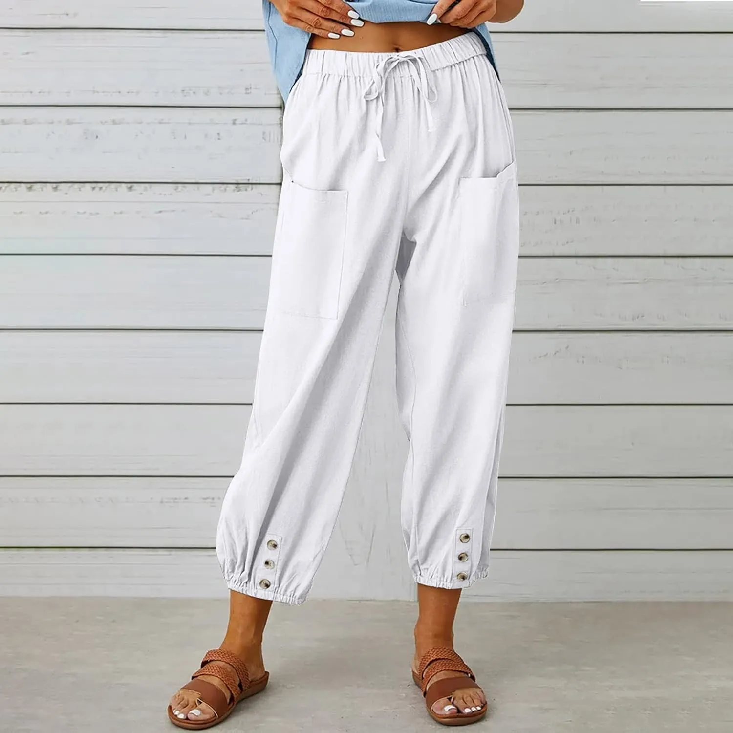 Women's Casual Lantern Tapered Harem Pants Loose Fit Style Flax Ankle Trousers Summer Baggy Slacks with Pocket