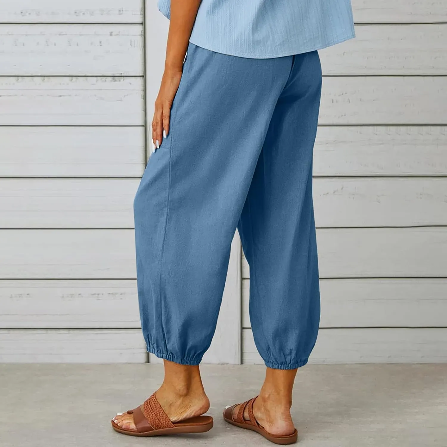 Women's Casual Lantern Tapered Harem Pants Loose Fit Style Flax Ankle Trousers Summer Baggy Slacks with Pocket