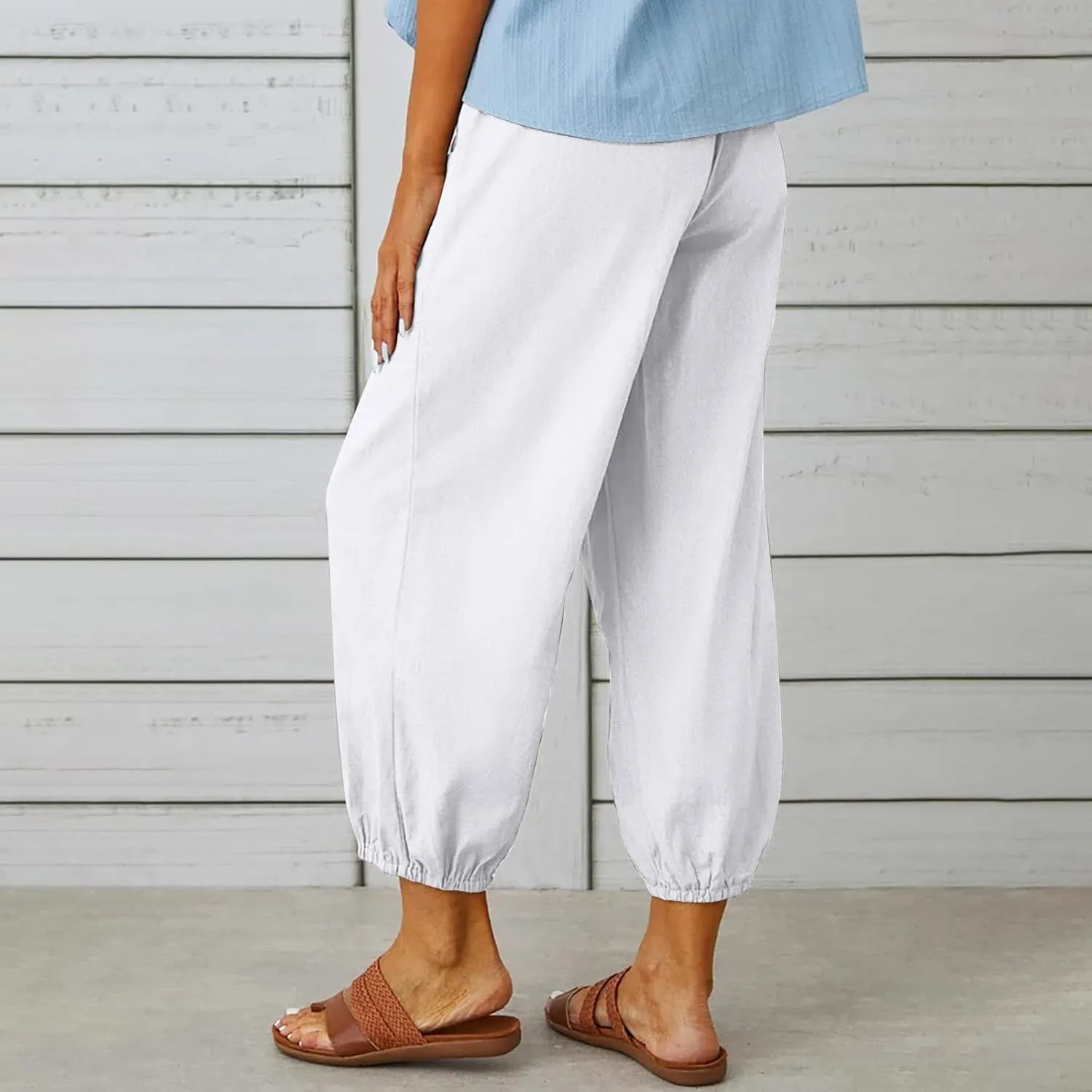 Women's Casual Lantern Tapered Harem Pants Loose Fit Style Flax Ankle Trousers Summer Baggy Slacks with Pocket