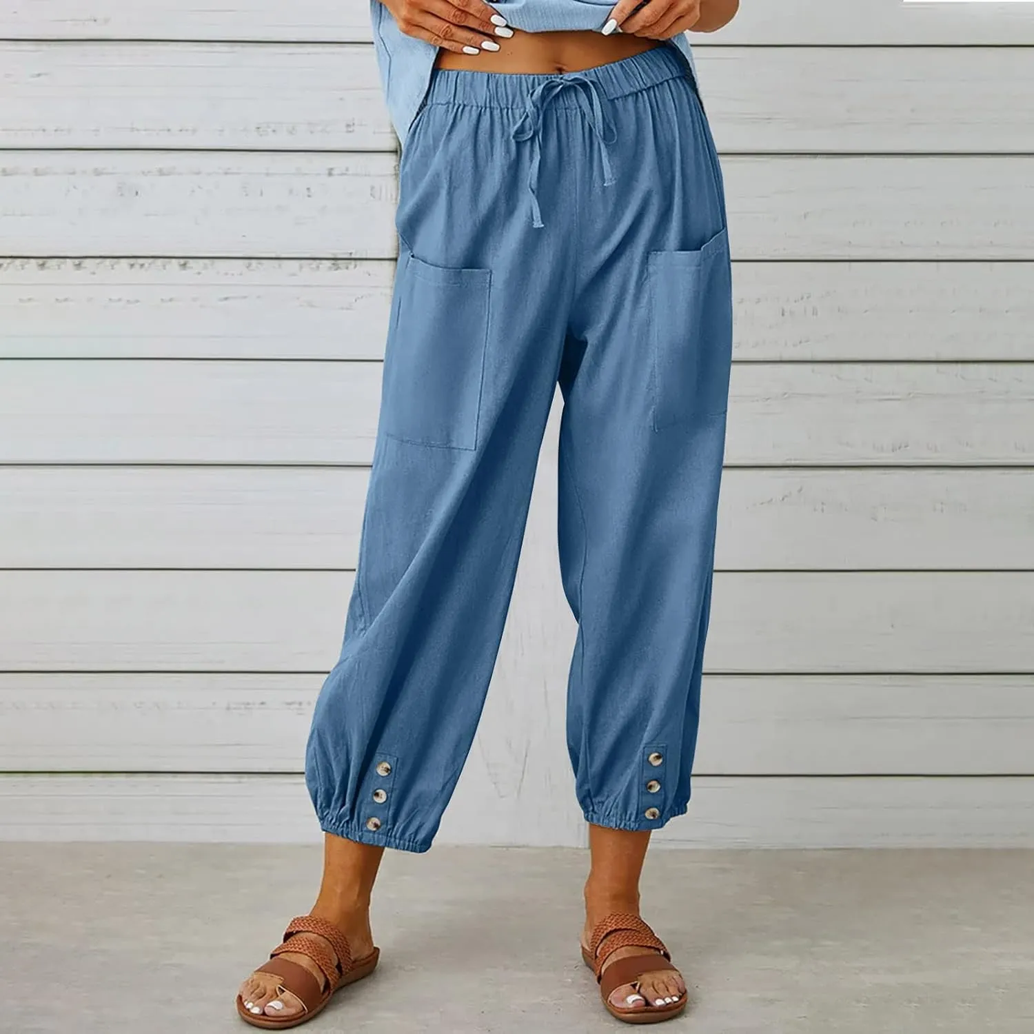 Women's Casual Lantern Tapered Harem Pants Loose Fit Style Flax Ankle Trousers Summer Baggy Slacks with Pocket