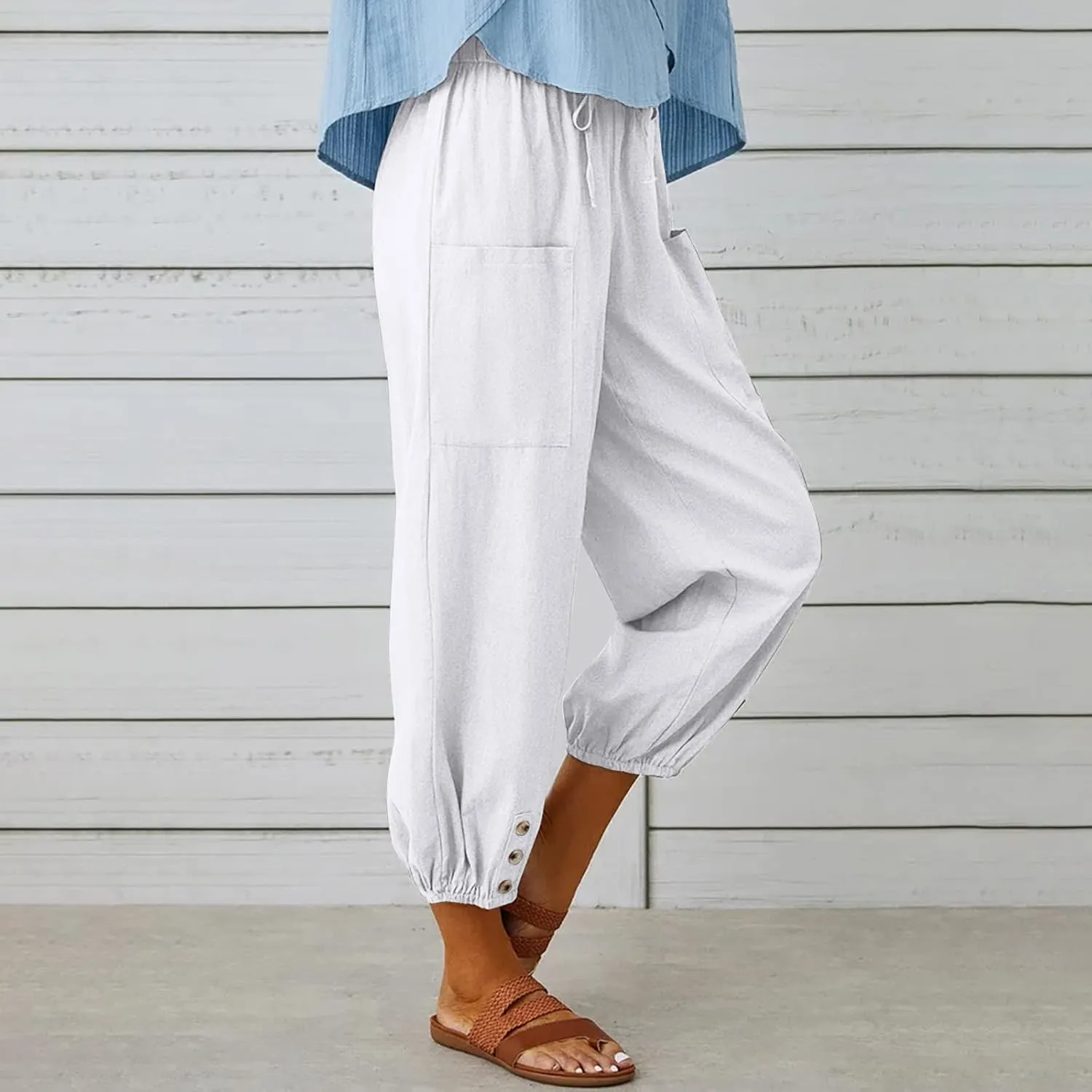 Women's Casual Lantern Tapered Harem Pants Loose Fit Style Flax Ankle Trousers Summer Baggy Slacks with Pocket