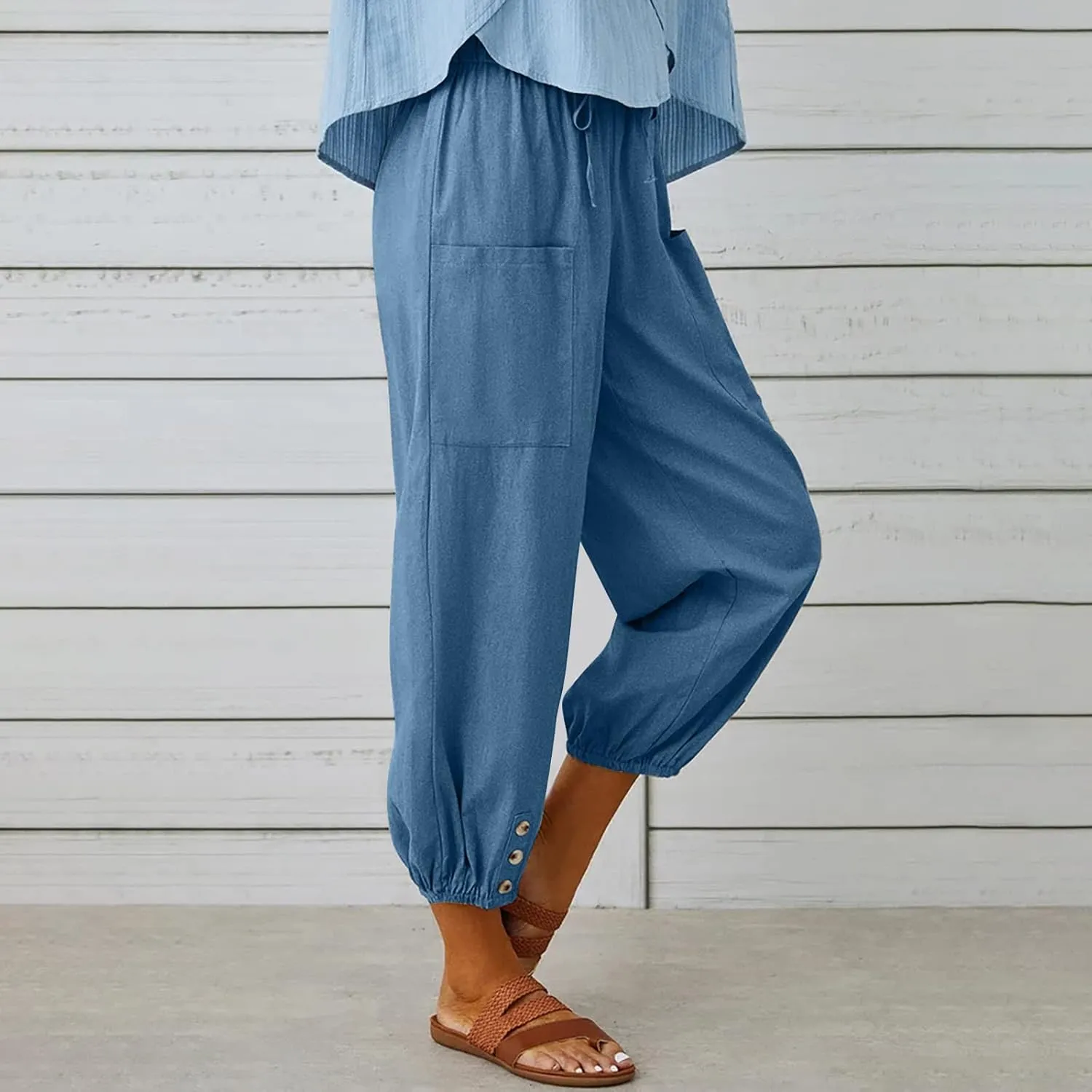 Women's Casual Lantern Tapered Harem Pants Loose Fit Style Flax Ankle Trousers Summer Baggy Slacks with Pocket