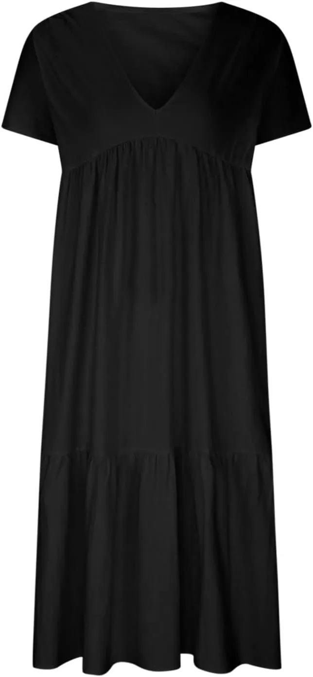 Womens Casual Loose Dresses Summer Lightweight Short Sleeve Tiered Flowy Long Dress V-Neck Ruched Maxi Sundress
