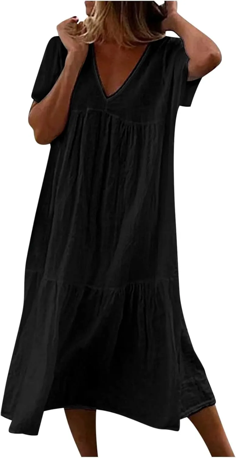 Womens Casual Loose Dresses Summer Lightweight Short Sleeve Tiered Flowy Long Dress V-Neck Ruched Maxi Sundress