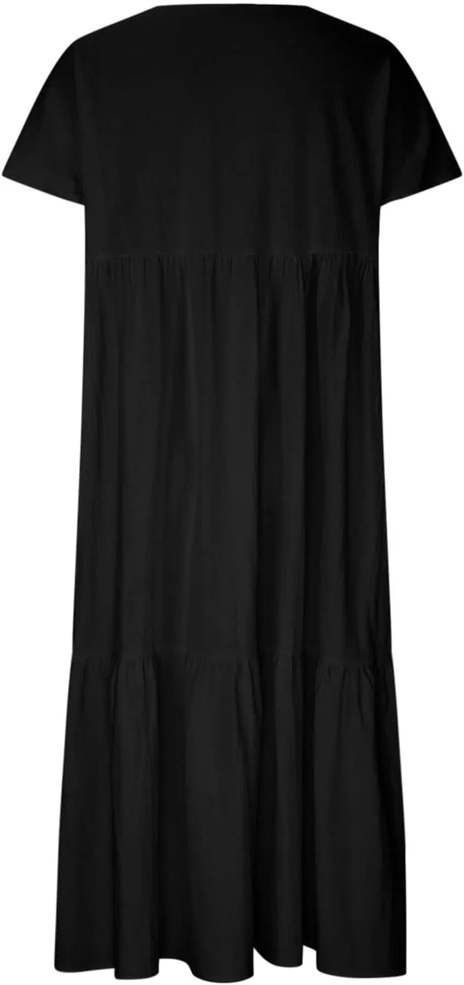 Womens Casual Loose Dresses Summer Lightweight Short Sleeve Tiered Flowy Long Dress V-Neck Ruched Maxi Sundress